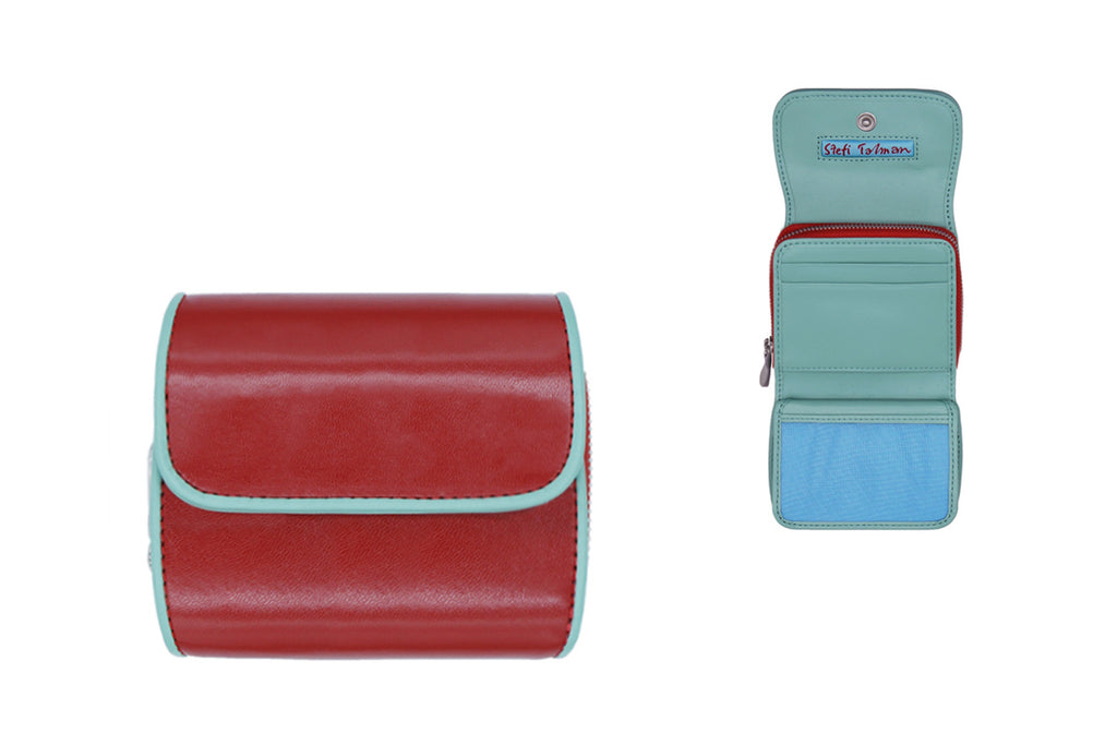 Wallet designed by Stefi Talman. Bestseller item made from european leather. Style CODES 001 in red with turquoise. 