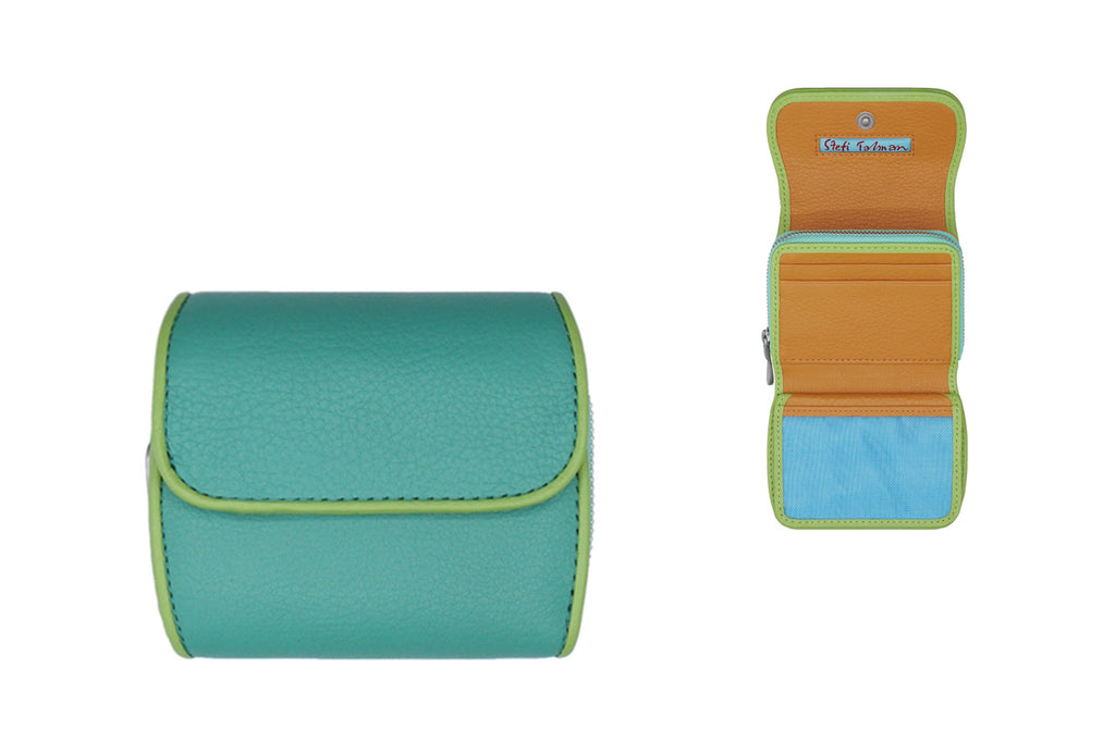 Wallet designed by Stefi Talman. Bestseller item made from european leather. Style CODES 168 in turquoise with lightgreen.