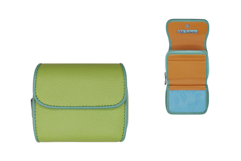Wallet designed by Stefi Talman. Bestseller item made from european leather. Style CODES 169 in lightgreen with turquoise.