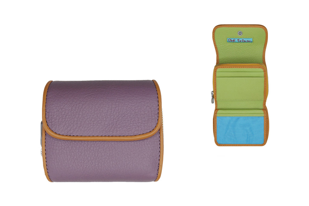 Wallet designed by Stefi Talman. Bestseller item made from european leather. Style CODES 170 in lilac with orange.