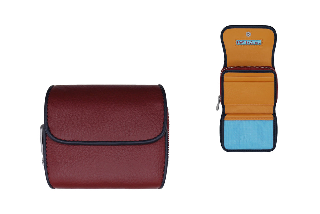 Wallet designed by Stefi Talman. Bestseller item made from european leather. Style CODES 172 in darkred with darkblue.