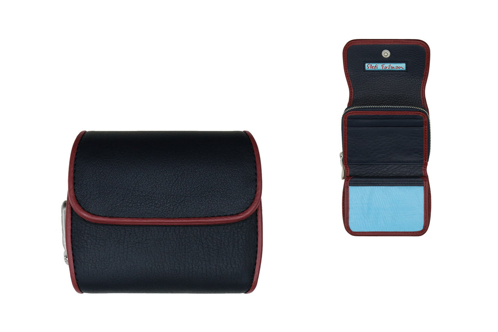 Wallet designed by Stefi Talman. Bestseller item made from european leather. Style CODES 173 in darkblue with darkred.