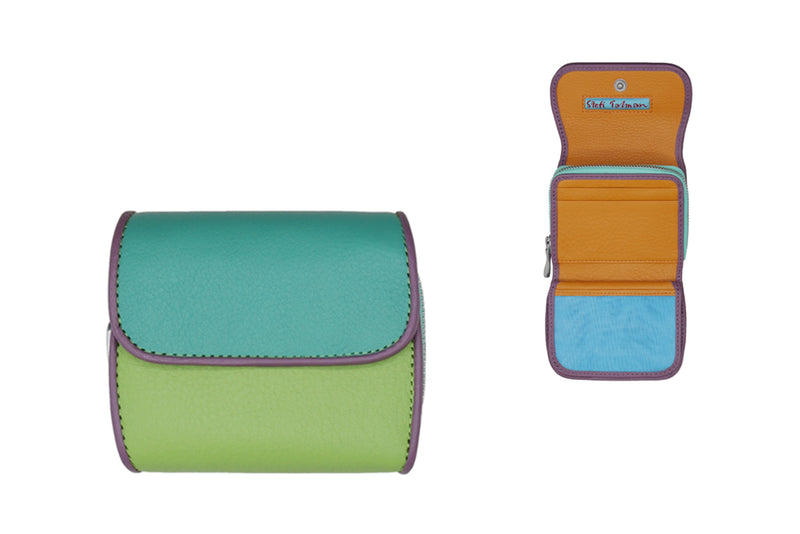 Wallet designed by Stefi Talman. Bestseller item made from european leather. Style CODES 175 in turquoise with lightgreen and lilac.