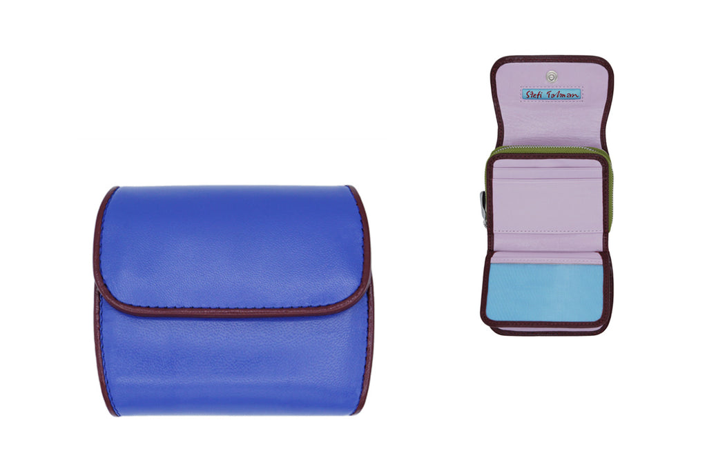 Wallet designed by Stefi Talman. Bestseller item made from european leather. Style CODES 187 in kobalt with bordeaux.