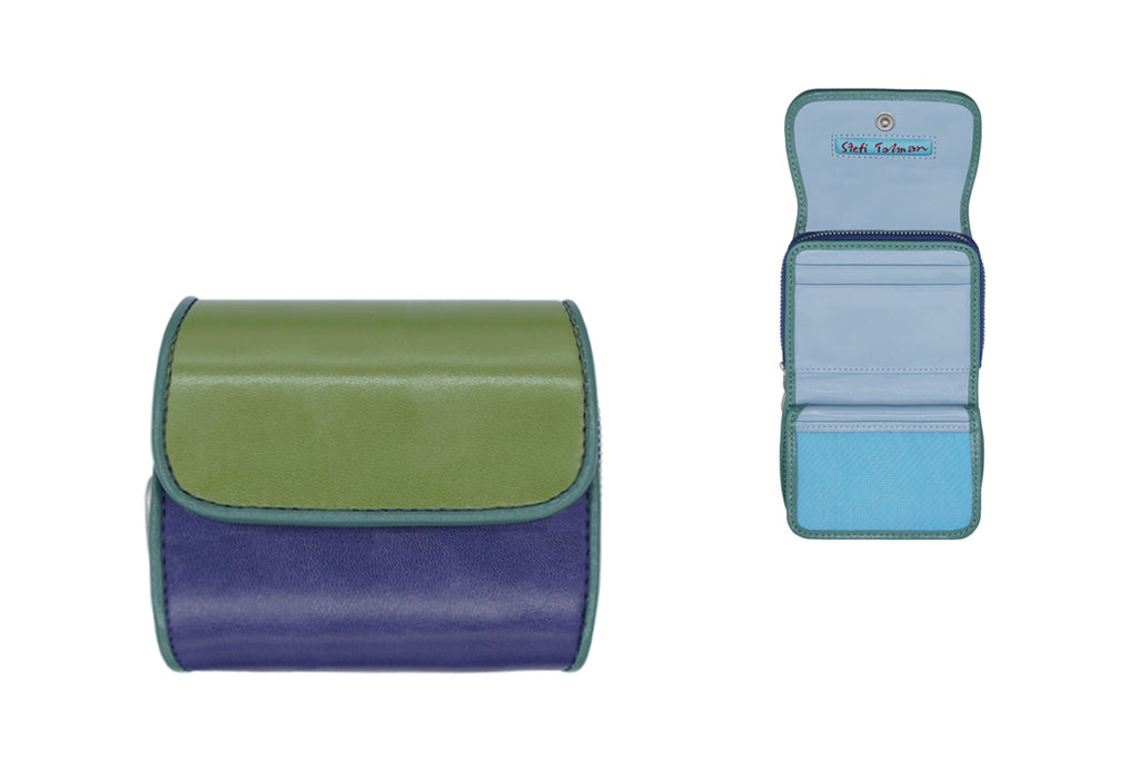 Wallet designed by Stefi Talman. Bestseller item made from european leather. Style CODES 193 in lightgreen with viola and sage.
