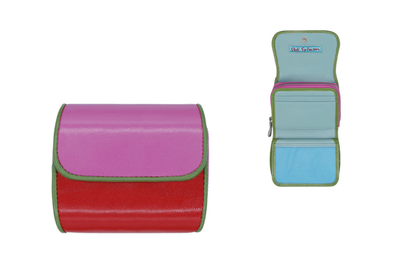 Wallet designed by Stefi Talman. Bestseller item made from european leather. Style CODES 198 in pink with red and pistache.